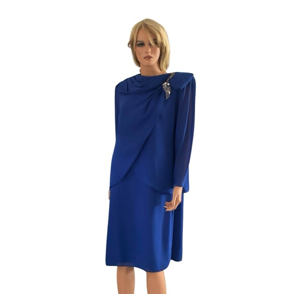 Vtg Dress 80s Long Sleeve Evening XLP Mother The Bride Modest Blue Sequins Midi - Picture 2 of 16